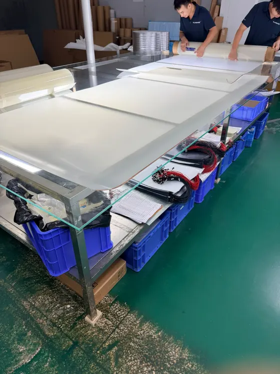 Deux ouvriers tendant une pièce de tissu sur une table de coupe