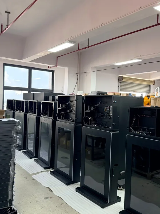 Electronics production workshop, cabinets and units lined up