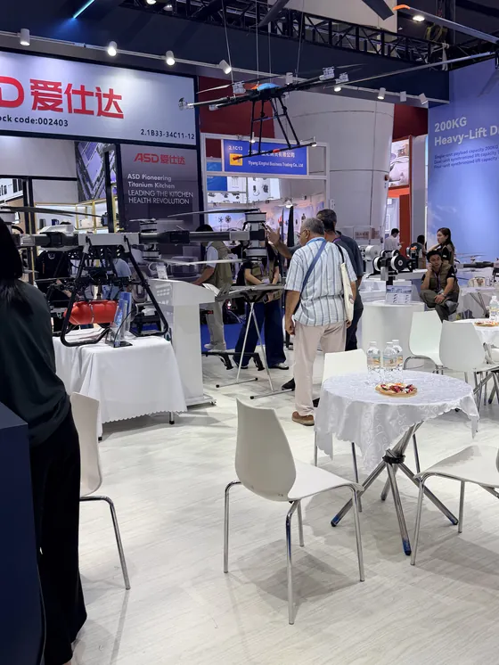 Phase 1 exhibitor booth at the Canton Fair showing industrial drones